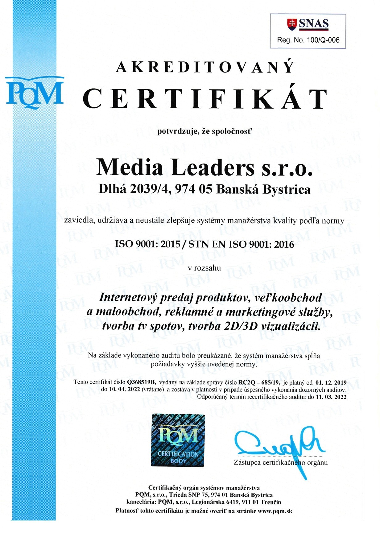 Сертыфікат ISO 9001 Media leaders sro
