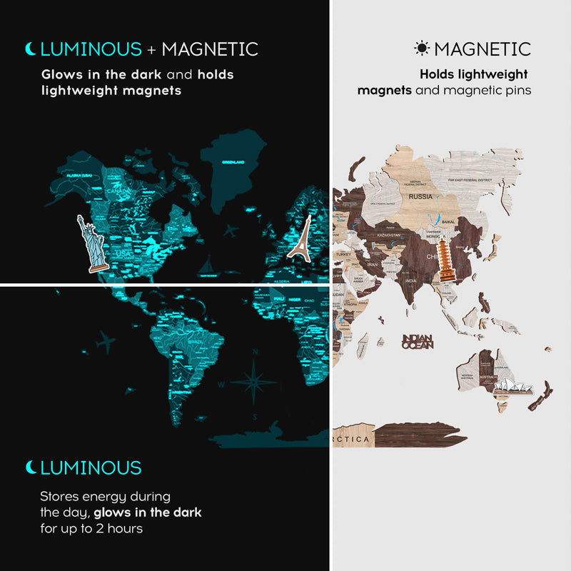 магнітныя драўляныя насценныя карты 3d флуоресцентные
