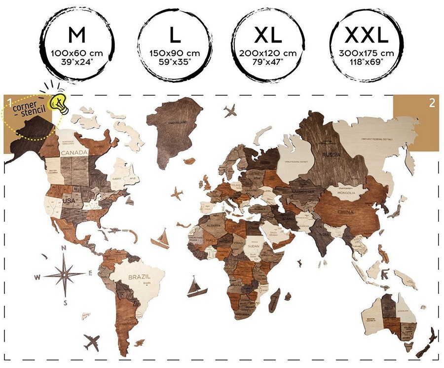 3D драўляная карціна карты свету памерам XXL