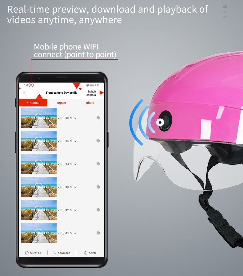 матацыклетны шлем камеры Wi-Fi злучэнне праз дадатак смартфон