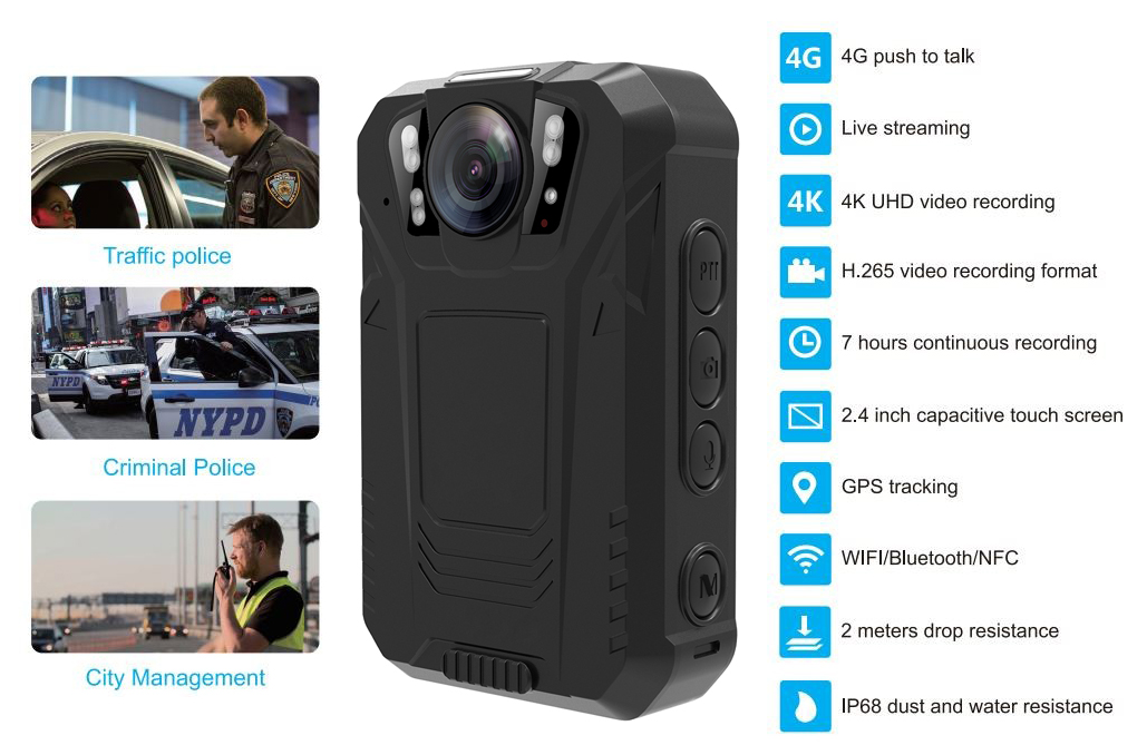 Паліцэйская нацельная камера 4G нацельная камера wifi bluetooth PTT IP68 NFC